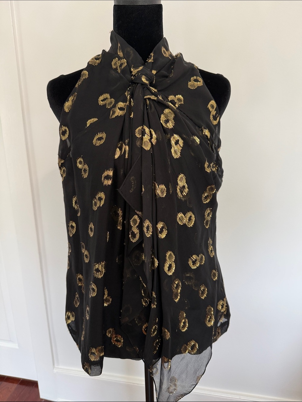 Black & Gold Tie-Neck Sleeveless Blouse